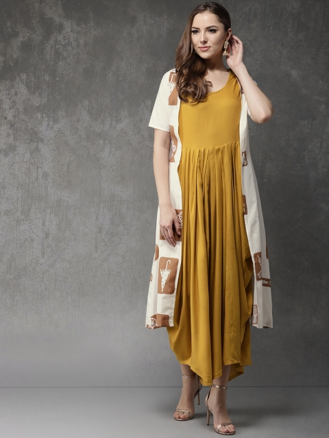 

Anouk Women Mustard Yellow Solid Layered Maxi Dress with Ethnic Jacket