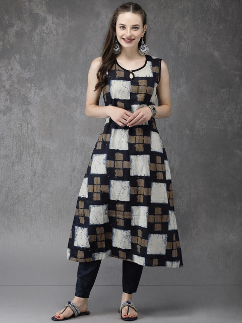 

Anouk Women Off-White & Navy Blue Printed Kurta with Trousers