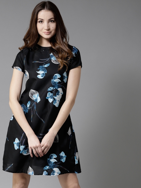 

HERE&NOW Women Black & Blue Printed A-Line Dress