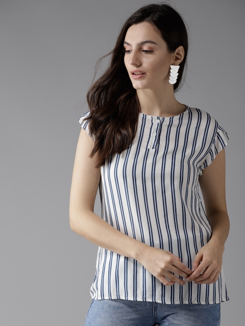 

HERE&NOW Women White & Navy Striped A-Line Top