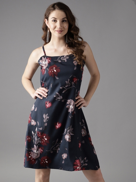 

HERE&NOW Women Navy & Maroon Printed A-Line Dress, Navy blue
