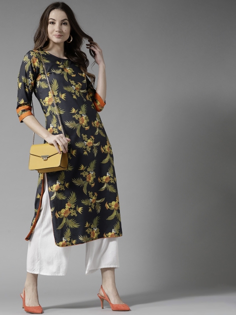 

HERE&NOW Women Navy Blue & Green Floral Printed Straight Kurta