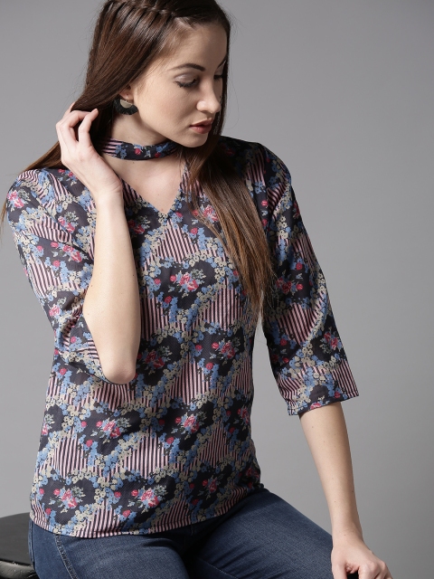 

HERE&NOW Women Charcoal Grey Printed Top