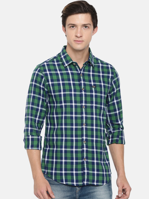 

The Indian Garage Co Men Green & Navy Blue Slim Fit Checked Casual Shirt