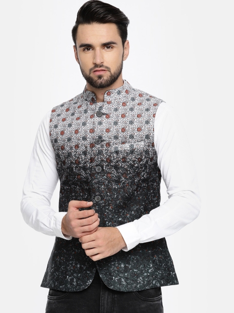 

The Indian Garage Co Men White & Green Printed Nehru Jacket
