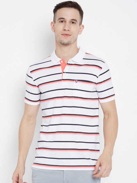 

Duke Men White Striped Polo Collar T-shirt