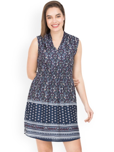 

IDK Women Blue Printed Fit and Flare Dress
