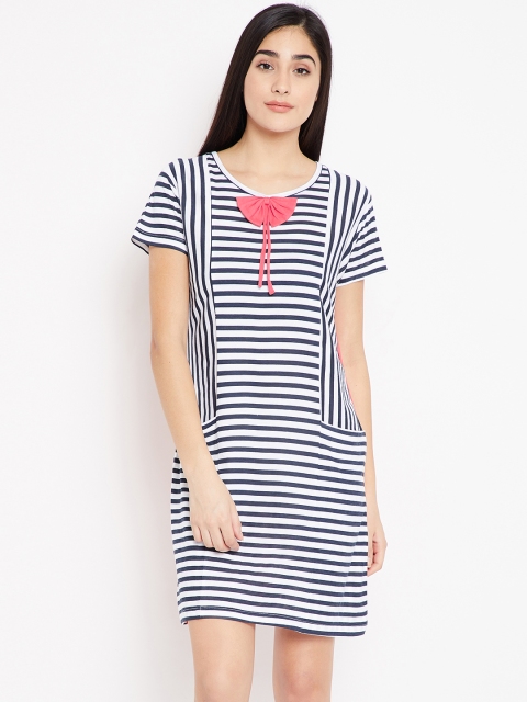 

Clt.s Black & White Striped Pure Cotton Shirt Dress with Bow Detail, Navy blue