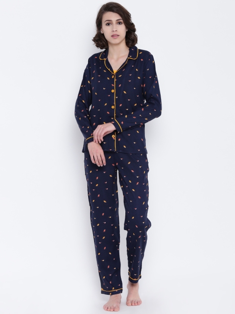 

Clt.s Women Navy Blue & Yellow Printed Night Suit C594