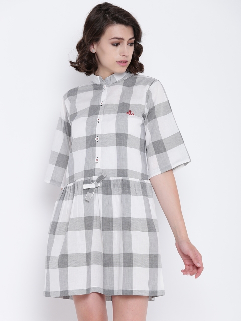 

Clt.s White & Black Checked Pure Cotton Sleep Shirt with Waist Tie Up