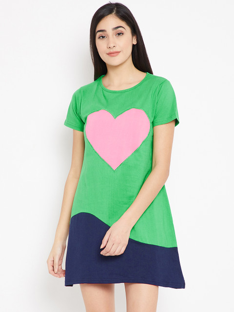 

Clt.s Green & Navy Blue Heart Print Pure Cotton Sleep Shirt