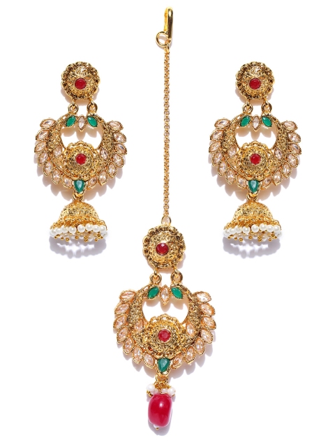 

damani Off-White & Red Gold-Plated Stone-Studded Polki Jewellery Set