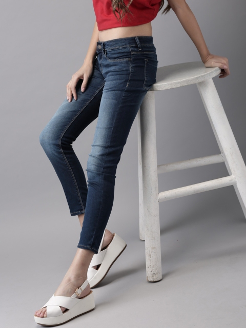 

HERE&NOW Women Navy Blue Skinny Fit Mid-Rise Clean Look Stretchable Cropped Jeans