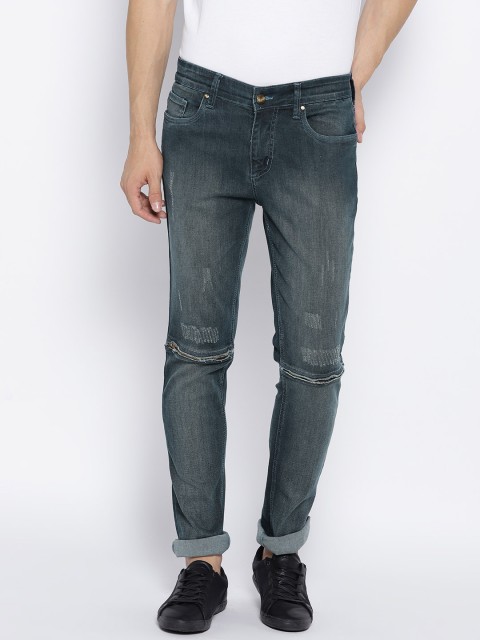 

People Men Navy Slim Fit Mid-Rise Low Distress Stretchable Jeans, Navy blue