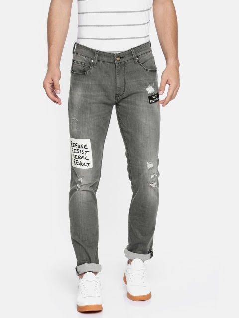 

People Men Grey Printed Slim Fit Mid-Rise Mildly Distressed Stretchable Jeans