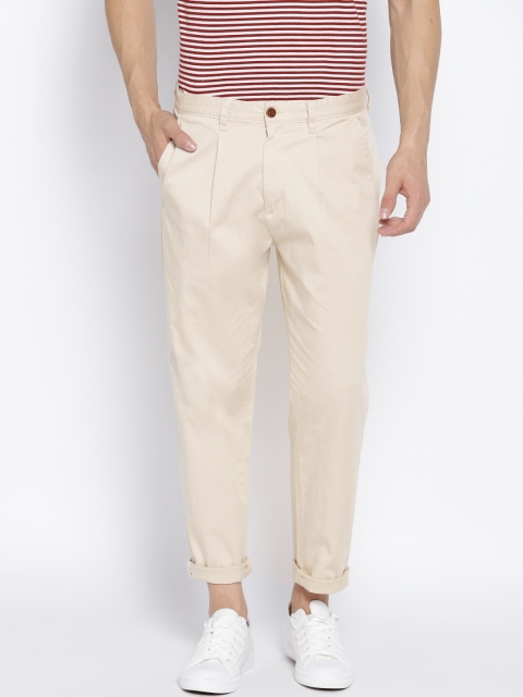 

People Men Cream-Coloured Solid Loose Fit Mid-Rise Trousers