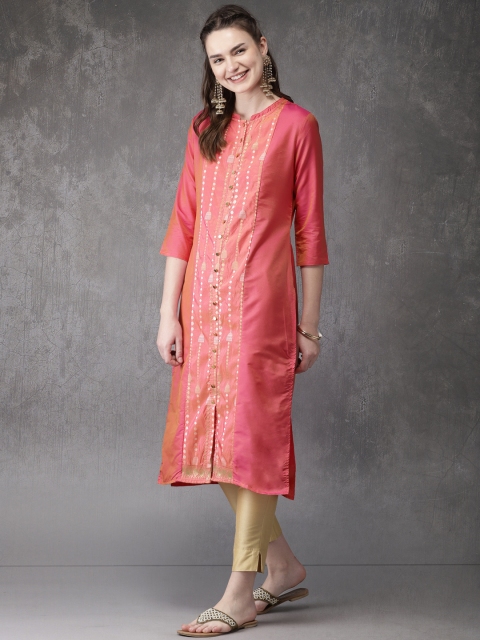 

Anouk Women Pink & Gold-Toned Woven Design Straight Kurta