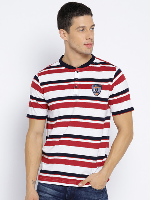 

Lee Cooper Men White & Red Striped Henley Neck T-shirt