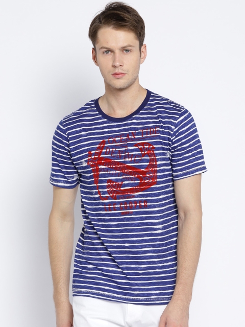 

Lee Cooper Men Navy Blue White Striped Round Neck Pure Cotton T-shirt