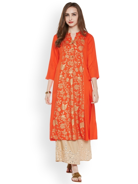 

Varanga Women Orange Printed A-Line Kurta