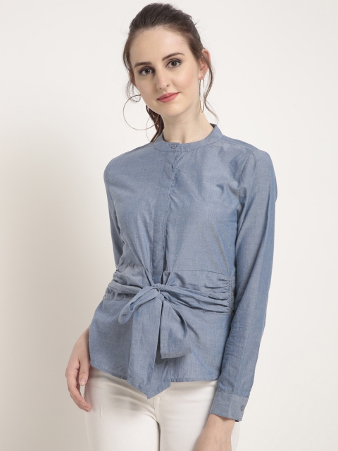 

RARE Women Blue Solid Shirt Style Pure Cotton Top