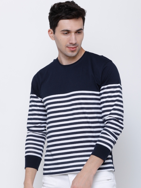 

HIGHLANDER Men Navy Blue Striped Slim Fit Round Neck T-shirt