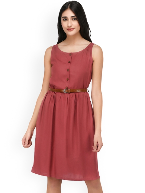 

PURYS Women Pink Solid Fit and Flare Dress