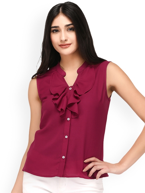 

PURYS Women Burgundy Regular Fit Solid Casual Shirt