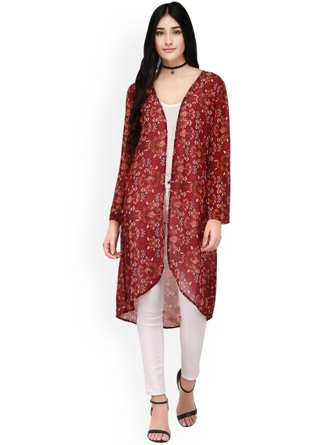 

PURYS Maroon Printed Open Front Shrug