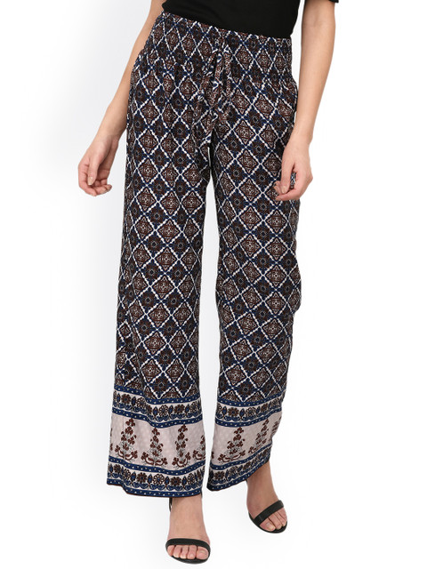 

PURYS Women Off-White & Brown Loose Fit Printed Parallel Trousers