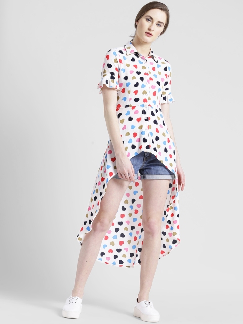 

Texco Women Off-White Heart Print High-Low Top