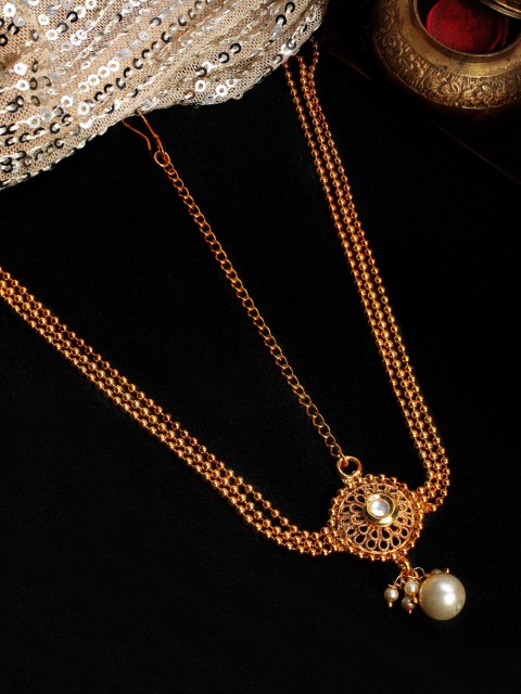 

Rubans Gold-Plated & White Kundan & Pearl Studded Traditional Multilayer Maatha Patti