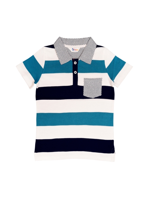 

ventra Boys Off-White & Blue Striped Polo Collar T-shirt