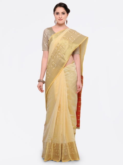 

Pisara Beige Silk Blend Solid Chanderi Saree