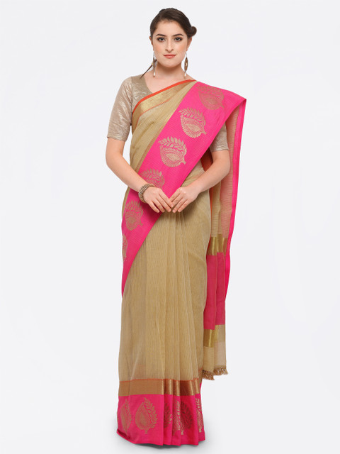 

Pisara Beige & Pink Silk Cotton Solid Kota Saree