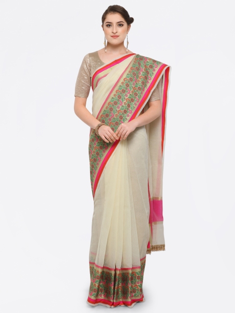 

Pisara Off-White & Pink Silk Cotton Woven Design Kanjeevaram Saree