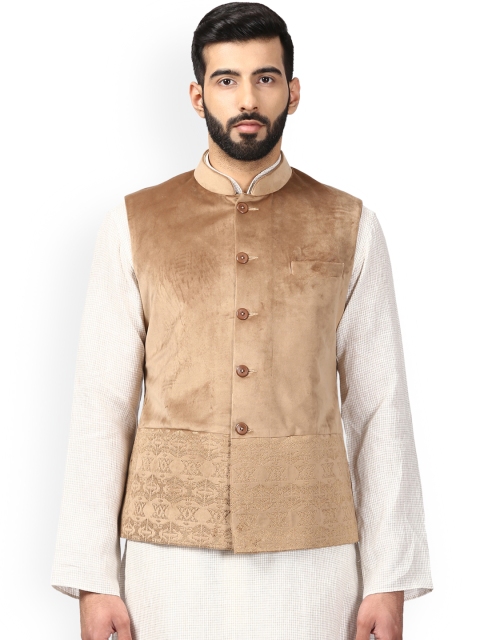 

ethnix Men Solid Beige Velvet Nehru Jacket