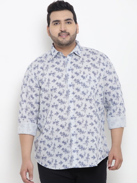 

John Pride Plus Size Men White Blue Regular Fit Printed Casual Shirt