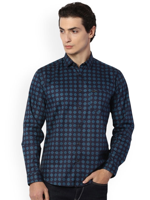 

V Dot Men Navy Blue Slim Fit Printed Casual Cotton ElastaneShirt