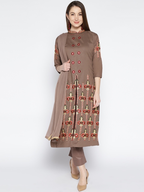 

mf Brown Embroidered Unstitched Dress Material