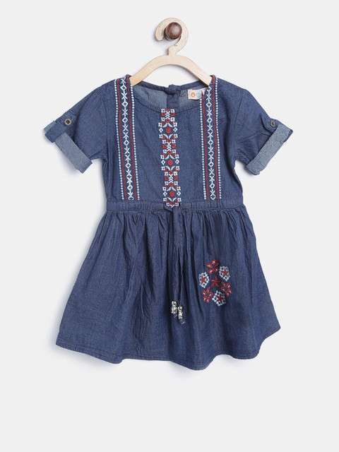 

Kids On Board Girls Navy Blue Embroidered Chambray Fit and Flare Dress