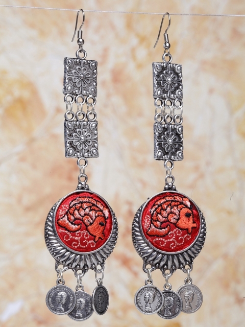 Moedbuille Silver-Toned & Orange Circular Drop Earrings