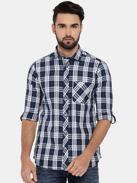 

Killer Men Navy Blue & White Slim Fit Checked Casual Shirt