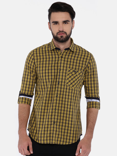 

Killer Men Yellow & Navy Blue Slim Fit Checked Casual Shirt