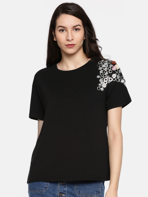 

Vero Moda Women Black Self Design Round Neck T-shirt