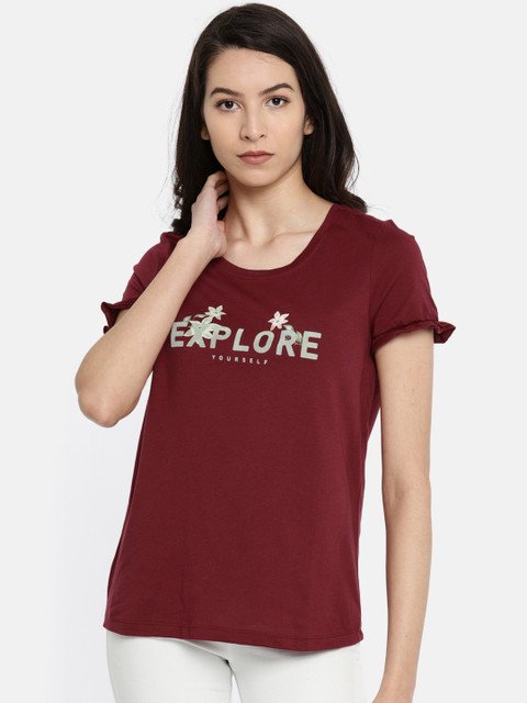 

Vero Moda Women Burgundy Printed Pure Cotton Top
