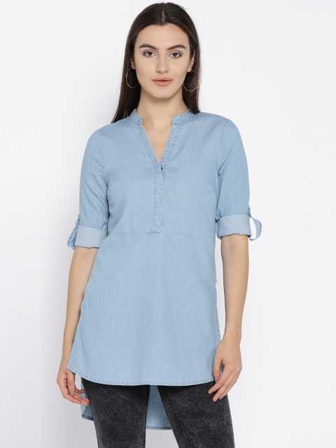 

Vero Moda Women Blue Solid Chambray Shirt Style Pure Cotton Top