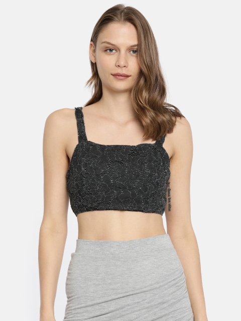 

Vero Moda Women Charcoal Grey Self Design Crop Pure Cotton Top