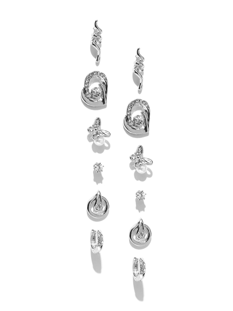

Mahi Set of 6 Rhodium-Plated CZ Stone-Studded Studs, Silver