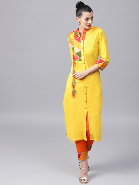 

Tulsattva Women Yellow & Orange Yoke Design Kurta with Trousers